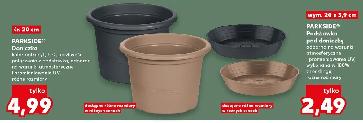 Podstawka pod doniczkę odporna na warunki atmosferyczne i promieniowanie UV, wykonana w 100% z reklingu, różne rozmiary promocja w Kaufland