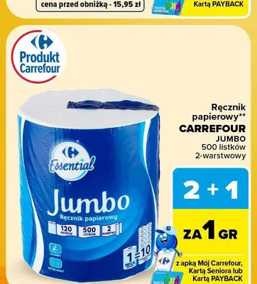 Ręcznik papierowy Jumbo Carrefour 500 listków 2-warstwowy promocja w Carrefour Market