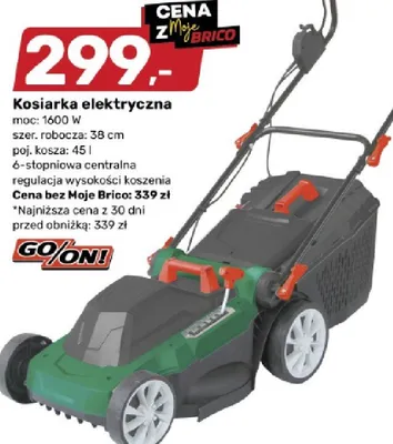 Kosiarka elektryczna moc: 1600 W szer. robocza: 38 cm poj. kosza: 45 l 6-stopniowa centralna regulacja wysokości koszenia promocja w Bricomarche