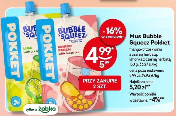 Mus Bubble Squeez Pokket limonka z czarną herbatą promocja w Żabka