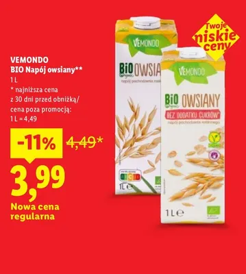 Napój owsiany bez dodatku cukrów Vemondo promocja w Lidl