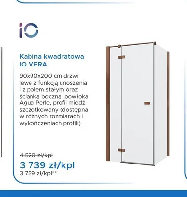 Kabina kwadratowa iO IO VERA profil miedź szczotkowany promocja w Blu Salony Łazienek