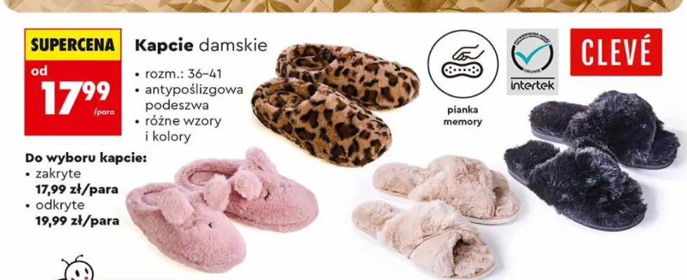 Kapcie damskie odkryte Clevé promocja w Biedronka