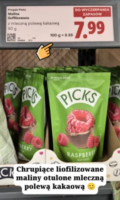 Malina liofilizowana z mleczną polewą kakaową Pergale Picks promocja w Lidl
