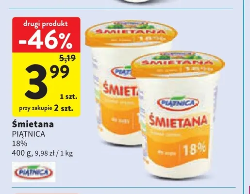 Śmietana Piątnica 18% promocja w Intermarche