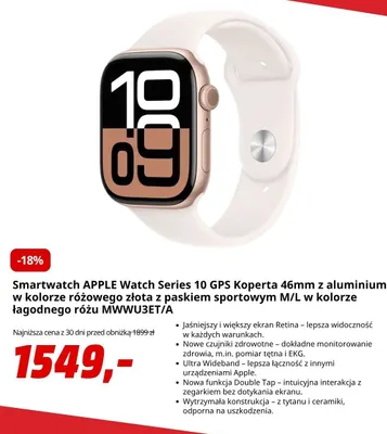 Smartwatch Apple Watch Series 10 Gps koperta 46 mm z aluminium w kolorze różowego złota z paskiem sportowym M/L w kolorze łagodnego różu MWWU3ET/A promocja w Media Markt