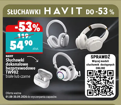Słuchawki dokanałowe bezprzewodowe Havit TW982 czarne promocja w Biedronka