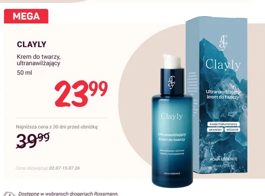 Krem do twarzy ultranawilżający Clayly Aqua Essence promocja w Rossmann
