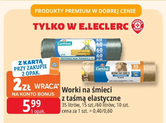 Worki na śmieci z taśmą elastyczne Elembal 35 l 15-pak promocja w Leclerc