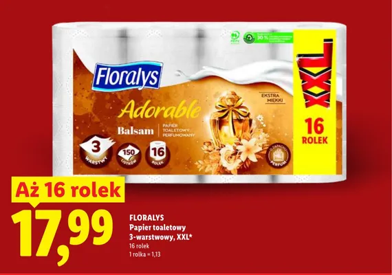 Papier toaletowy 3-warstwowy Floralys Adorable Balsam XXL 16-pak promocja w Lidl