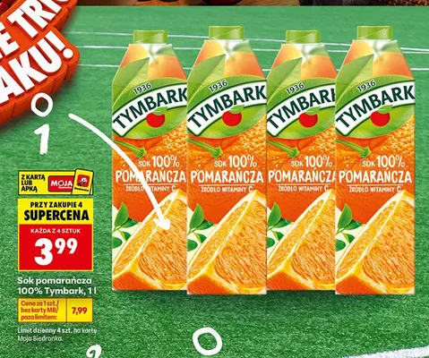 Sok pomarańczowy 100% Tymbark promocja w Biedronka