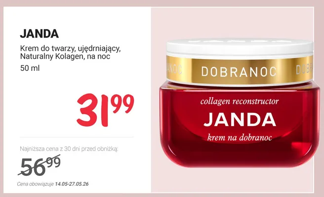Krem do twarzy JANDA ujędrniający Naturalny Kolagen na noc promocja w Rossmann