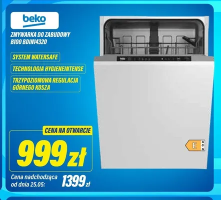 Zmywarka do zabudowy Beko B100 BDIN14320 system WaterSafe technologia HygieneIntense trzypoziomowa regulacja górnego kosza promocja w RTV EURO AGD