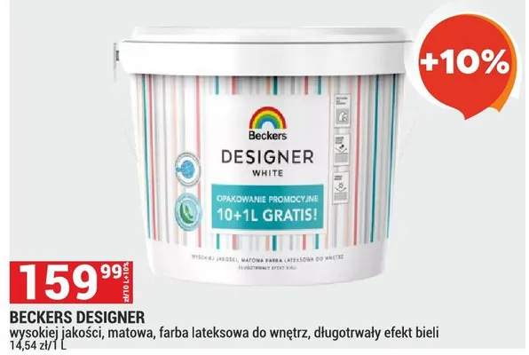 Farba Beckers Designer wysokiej jakości, matowa, farba lateksowa do wnętrz, długotrwały efekt bieli promocja w Merkury Market