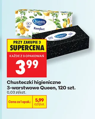 Chusteczki higieniczne 3-warstwowe Queen promocja w Biedronka