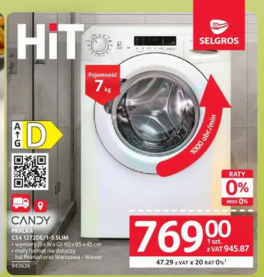 Pralka Candy CS4 1272DE/1-S Slim promocja w Selgros