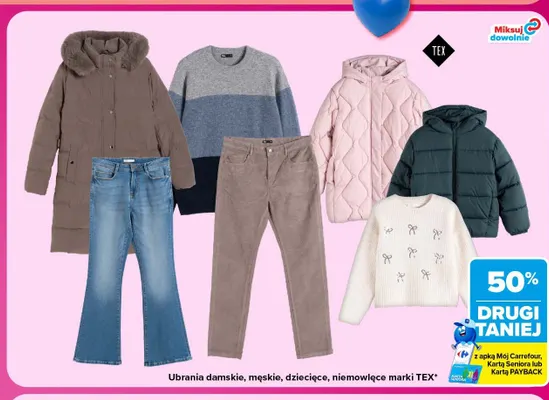 Ubrania damskie, męskie, dziecięce, niemowlęce marki TEX promocja w Carrefour