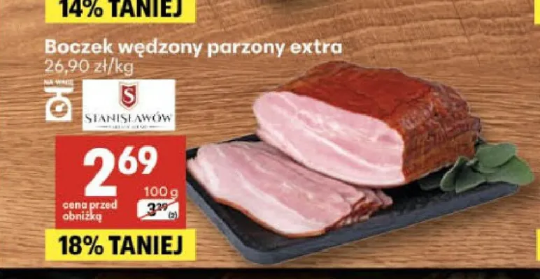 Boczek wędzony parzony extra Stanisławów promocja w Delikatesy Centrum