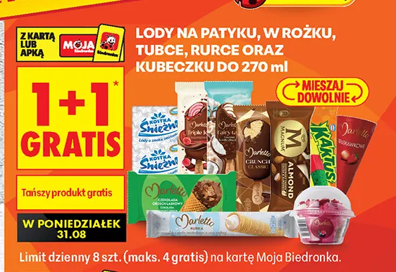 Lody na patyku w rożku tubce rurce oraz kubeczku do 270 ml promocja w Biedronka