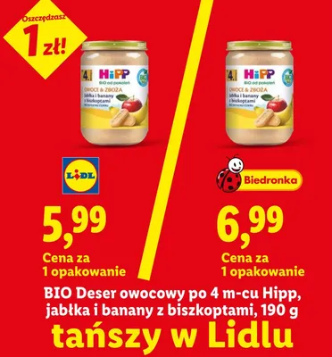 BIO Deser owocowy po 4m-cu HiPP jabłka i banany z biszkoptami promocja w Lidl