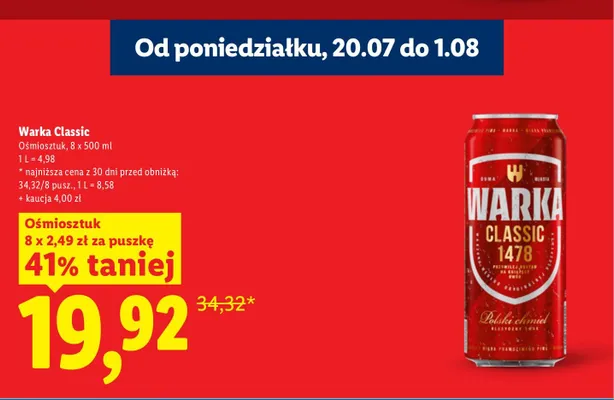 Piwo Warka Classic 8-pak 500 ml promocja w Lidl
