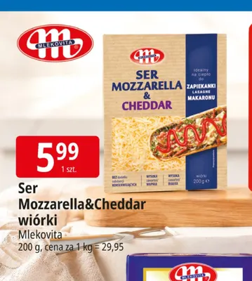 Ser Mozzarella & Cheddar wiórki Mlekovita promocja w Leclerc