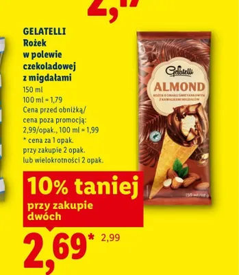 Lody rożek w polewie czekoladowej z migdałami Gelatelli promocja w Lidl