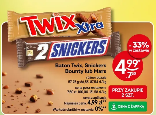 Baton Twix, Snickers, Bounty lub Mars różne rodzaje promocja w Żabka