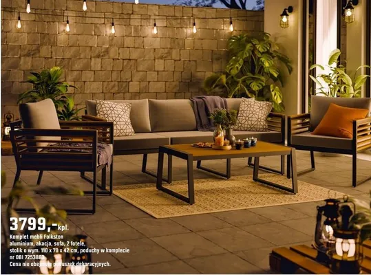 Komplet mebli Folkston aluminium, akacja, sofa, 2 fotele, stolik o wym. 110 x 70 x 42 cm, poduchy w komplecie promocja w OBI
