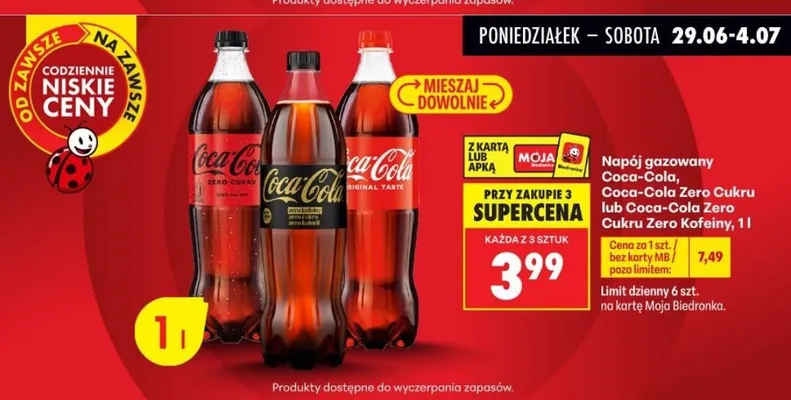Napój gazowany Coca-Cola Zero Cukru Zero Kofeiny promocja w Biedronka