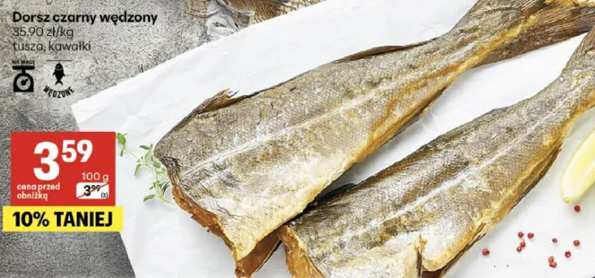 Dorsz czarny wędzony łuska, kawałki promocja w Delikatesy Centrum