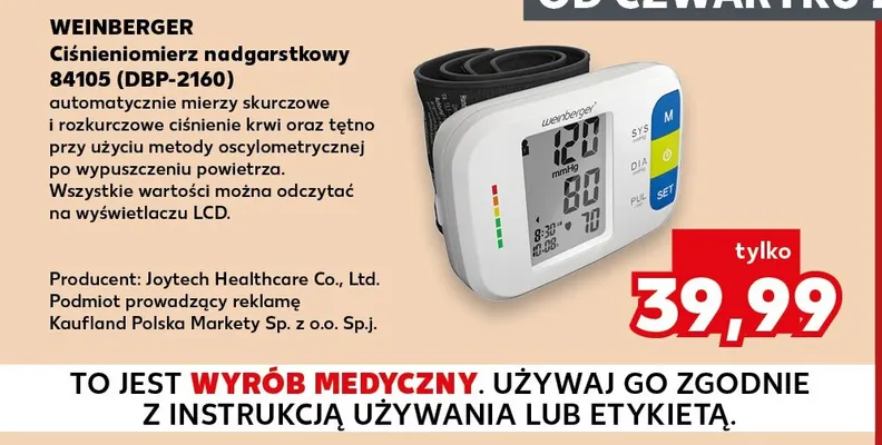 Ciśnieniomierz nadgarstkowy 84105 (DBP-2160) Weinberger promocja w Kaufland