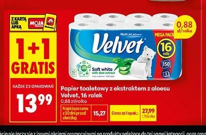 Papier toaletowy z ekstraktem z aloesu Velvet 16-pak promocja w Biedronka