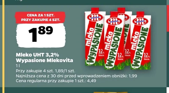 Mleko UHT Wypasione Mlekovita 3,2% promocja w Netto