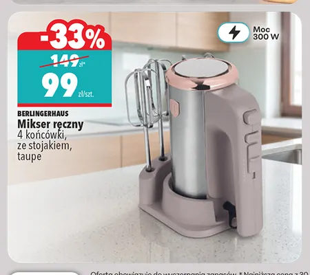 Mikser ręczny 4 końcówki ze stojakiem taupe BerlingerHaus promocja w Biedronka