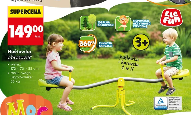 Huśtawka obrotowa i karuzela 2 w 1 ELE FUN wym.: 172x70x55cm maks. waga użytkownika: 35kg promocja w Biedronka