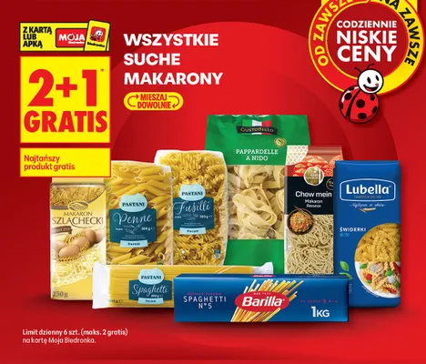 Makaron wszystkie rodzaje 2+1 GRATIS promocja w Biedronka