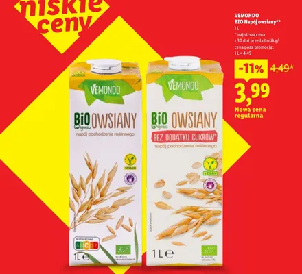 Napój owsiany bez dodatku cukrów Vemondo promocja w Lidl