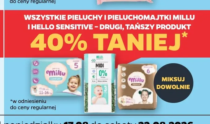 Pieluchy i pieluchomajtki Millu i Hello Sensitive promocja w Netto