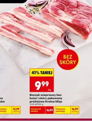 Boczek wieprzowy bez kości i skóry pakowany próżniowo Kraina Mięs promocja w Biedronka