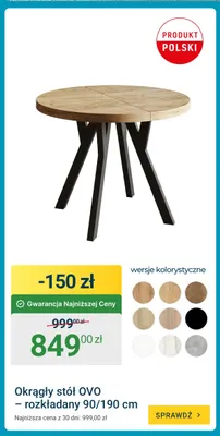 Okrągły stół Ovo rozkładany 90/190 cm promocja w ERLI