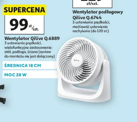 Wentylator Qilive Q.6889 średnica 18cm moc 28W 3 ustawienia prędkości wielofunkcyjne zastosowanie: stół podłoga ściana (zestaw do montażu nie jest dołączony) promocja w Auchan