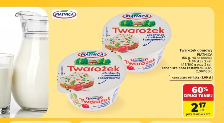 Twarożek domowy Piątnica idealny do rzodkiewki i szczypiorku promocja w Carrefour Market