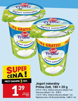 Jogurt naturalny Primo Zott 180+20 g promocja w Twój Market