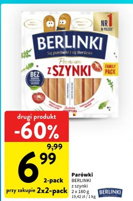 Parówki BERLINKI z szynki 2-pack promocja w Intermarche