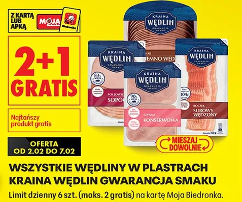 Wszystkie wędliny w plastrach 2+1 GRATIS promocja w Biedronka