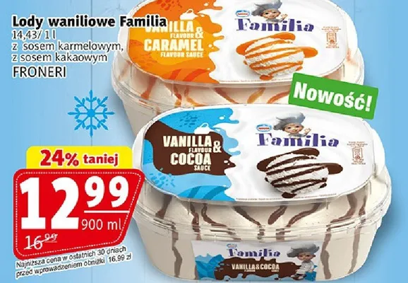 Lody waniliowe familia z sosem karmelowym, z sosem kakaowym promocja w Prim Market