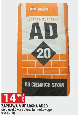Zaprawa murarska do bloczków z betonu komórkowego AD20 promocja w Merkury Market