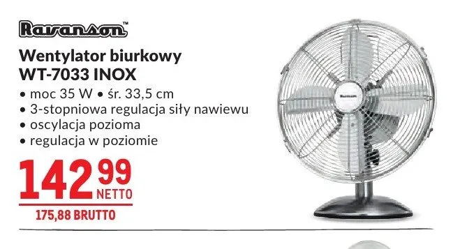 Wentylator biurkowy Ravanson WT-7033 INOX moc 35W śr. 33,5cm promocja w Makro