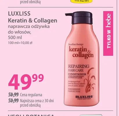 Naprawcza odżywka do włosów Keratin & Collagen Luxliss promocja w Hebe
